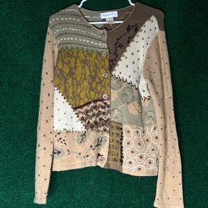 Susan Bristol Cream and Brown Cardigan with Unique Patchwork Design